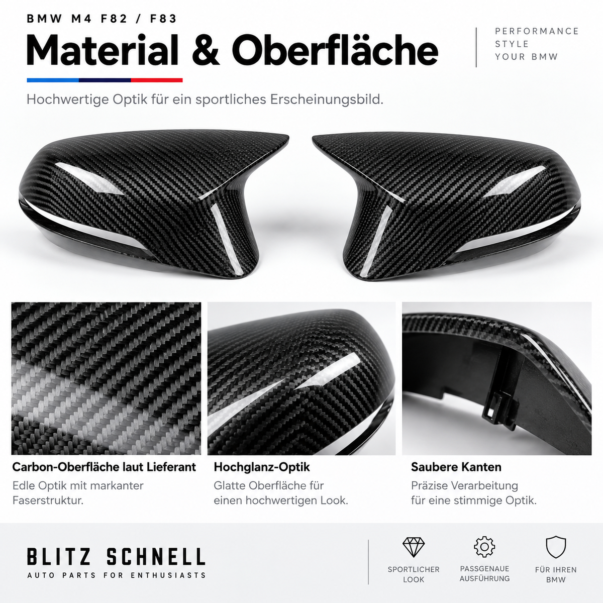 BMW M4 F82 F83 Carbon Spiegelkappen – Material und Oberfläche