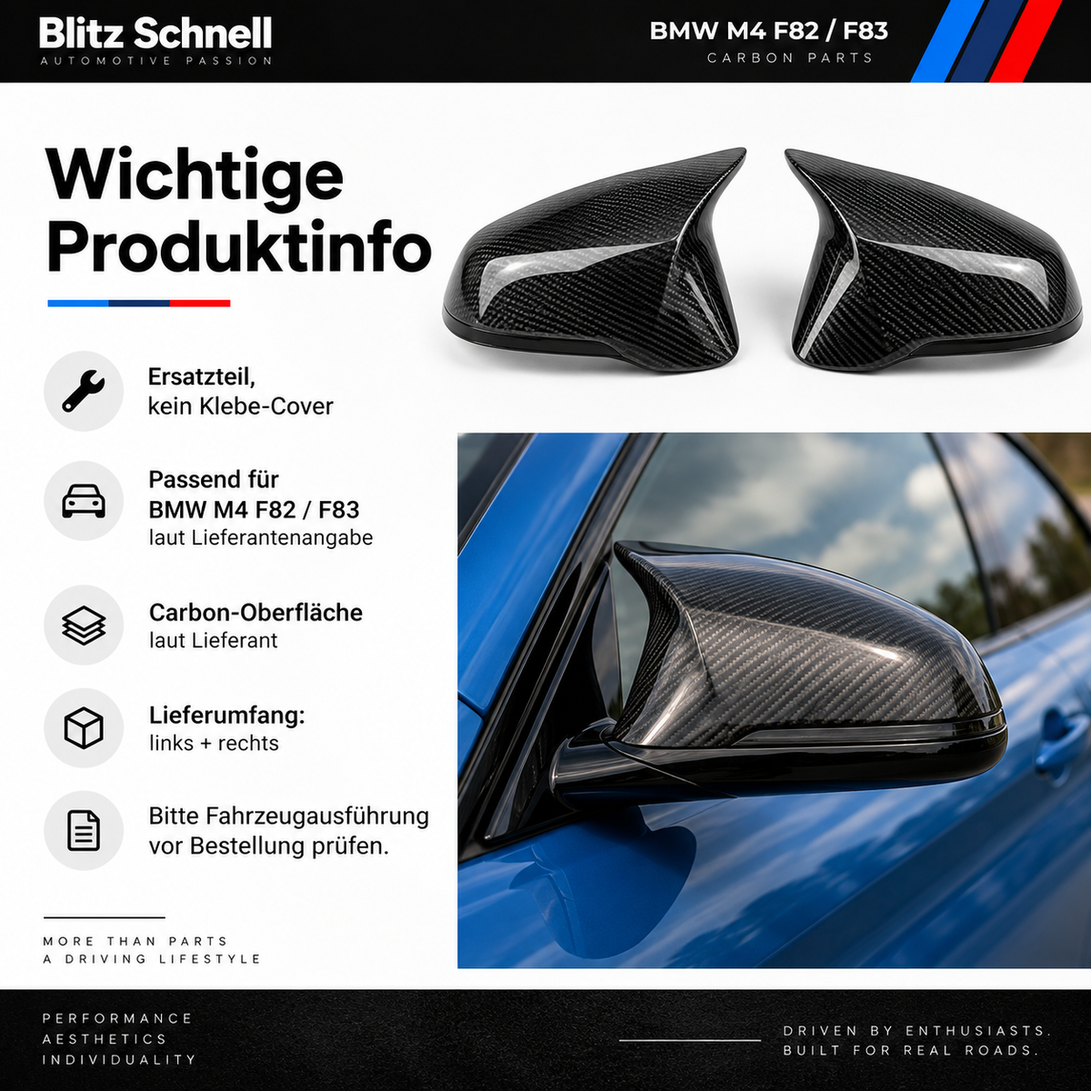 BMW M4 F82 F83 Carbon Spiegelkappen – wichtige Produktinfo